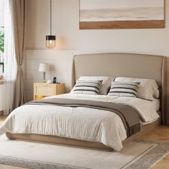 Elegant Linen Upholstered Queen Bed Frame with Wingback Headboard