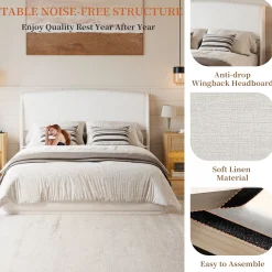 Elegant Linen Upholstered Queen Bed Frame with Wingback Headboard