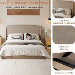 Elegant Linen Upholstered Queen Bed Frame with Wingback Headboard