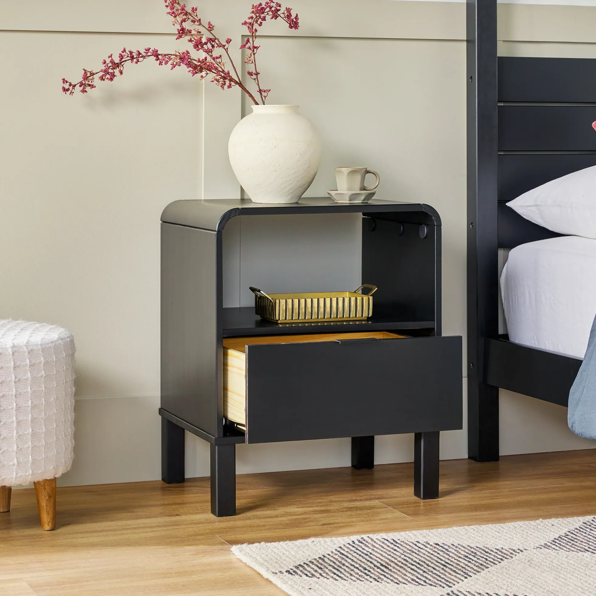 Elias Modern Curved-Frame Solid Wood Nightstand