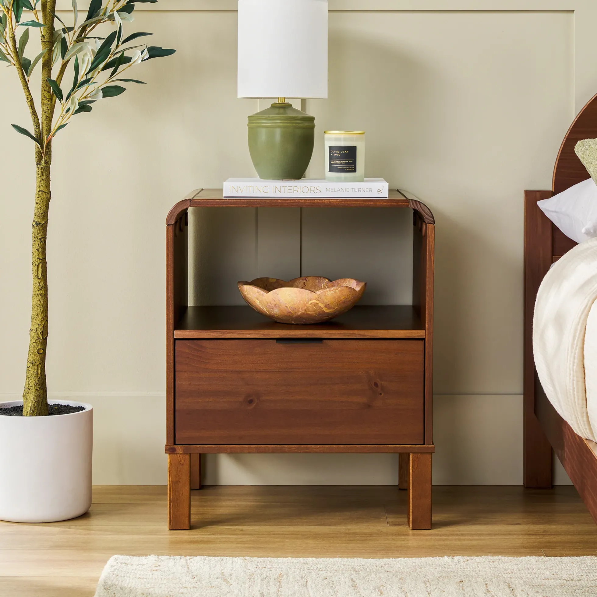 Elias Modern Curved-Frame Solid Wood Nightstand