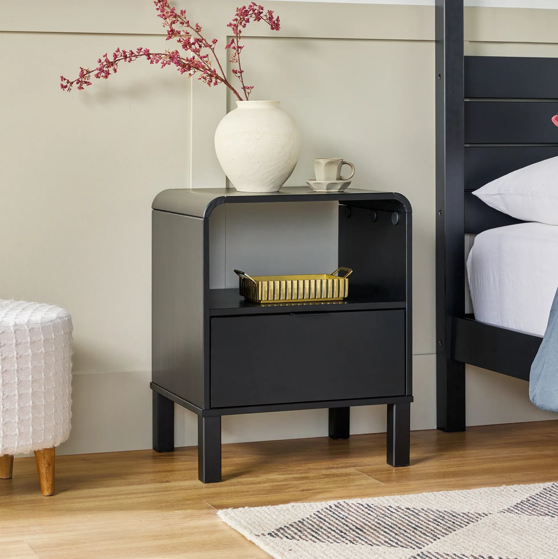 Elias Modern Curved-Frame Solid Wood Nightstand