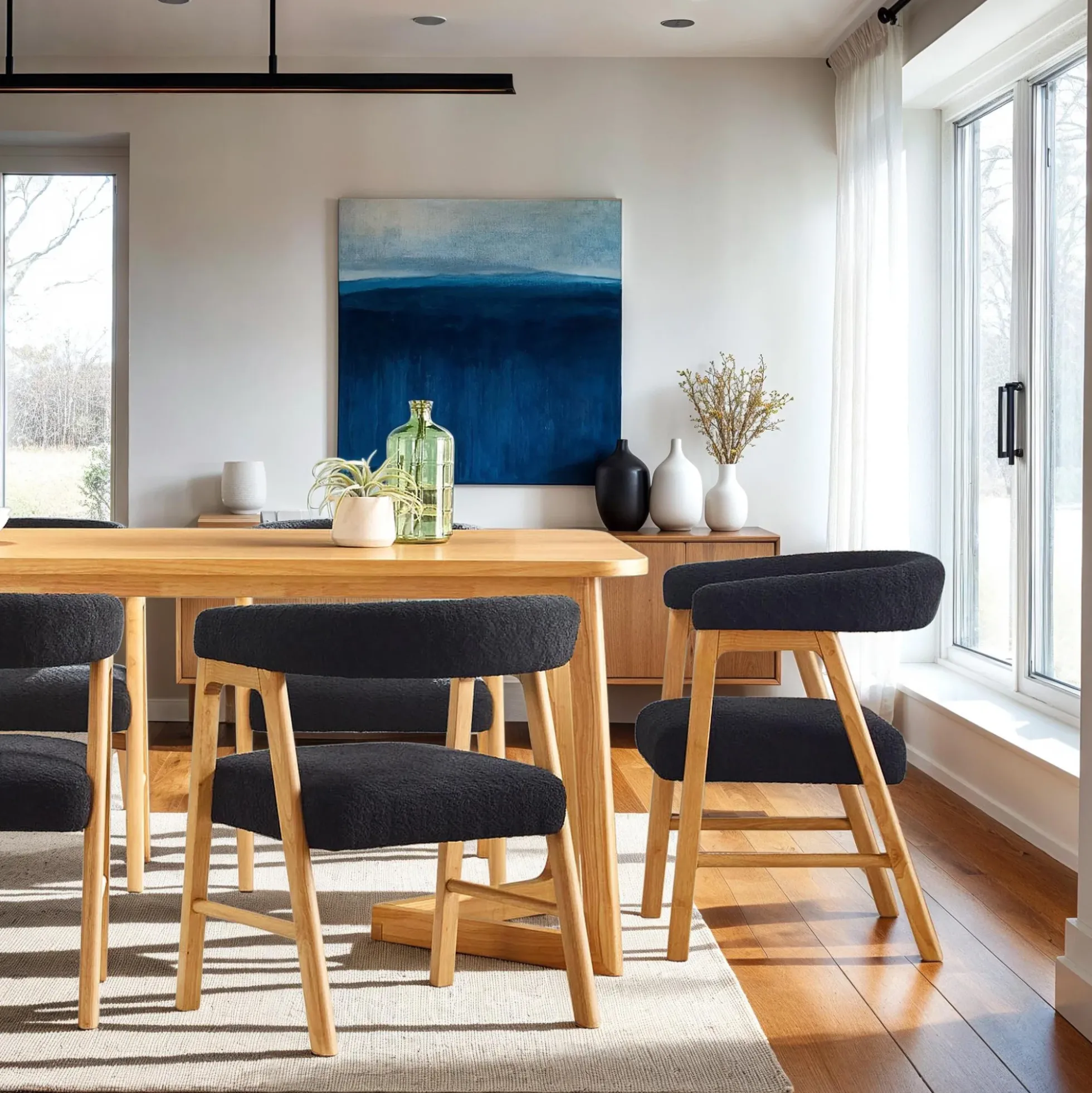 Ezra Modern Solid Wood Dining Chair with Boucle Upholstery (Set of 2)