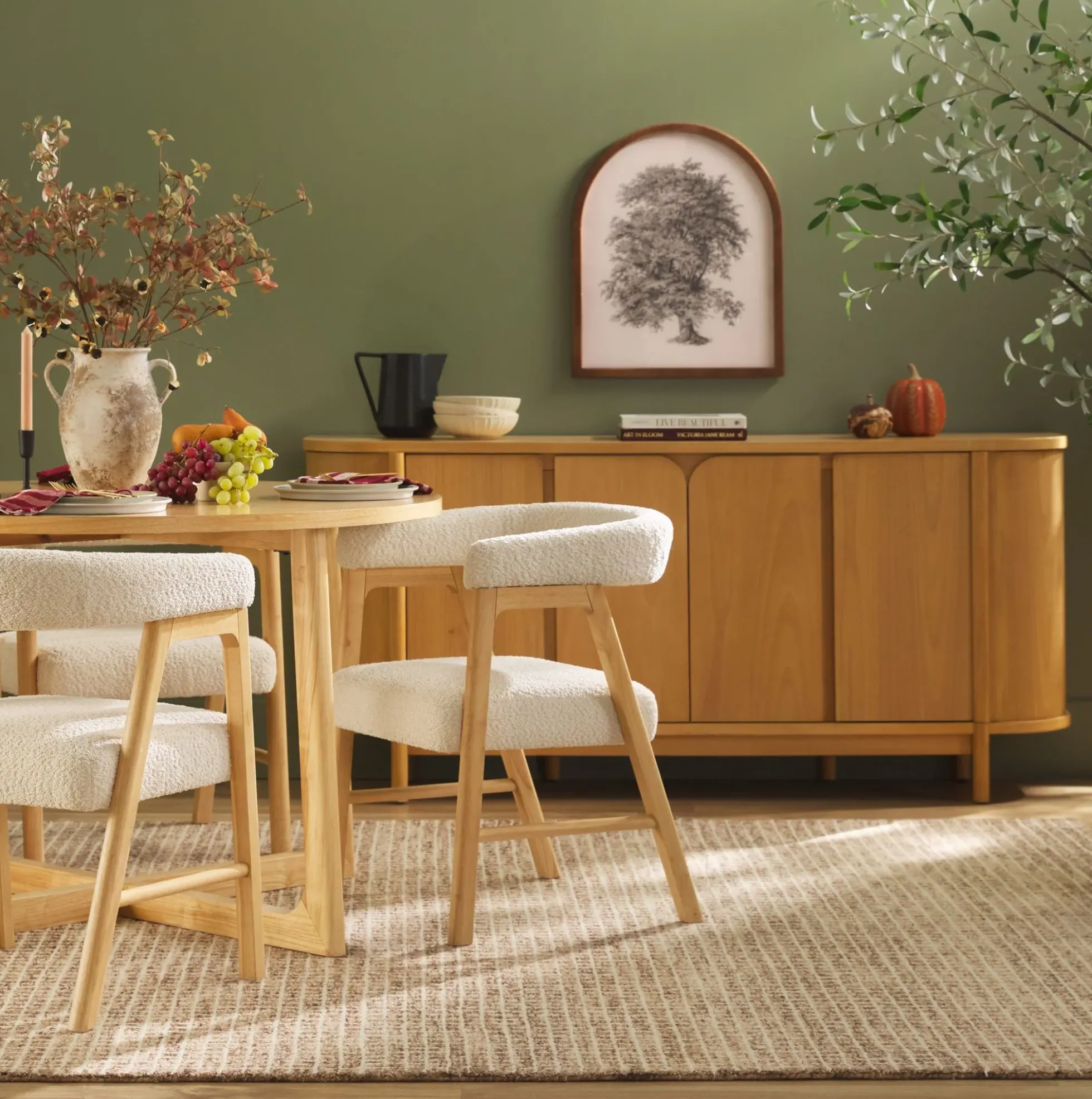 Ezra Modern Solid Wood Dining Chair with Boucle Upholstery (Set of 2)