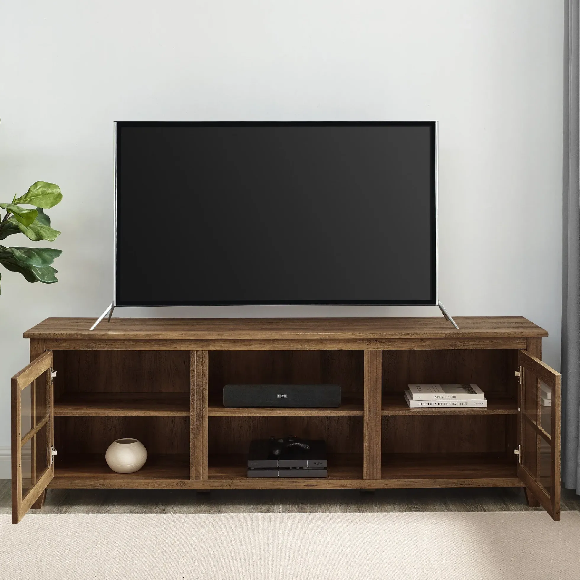 Farmhouse 70" Simple Window Pane 2 Door Wood TV Stand