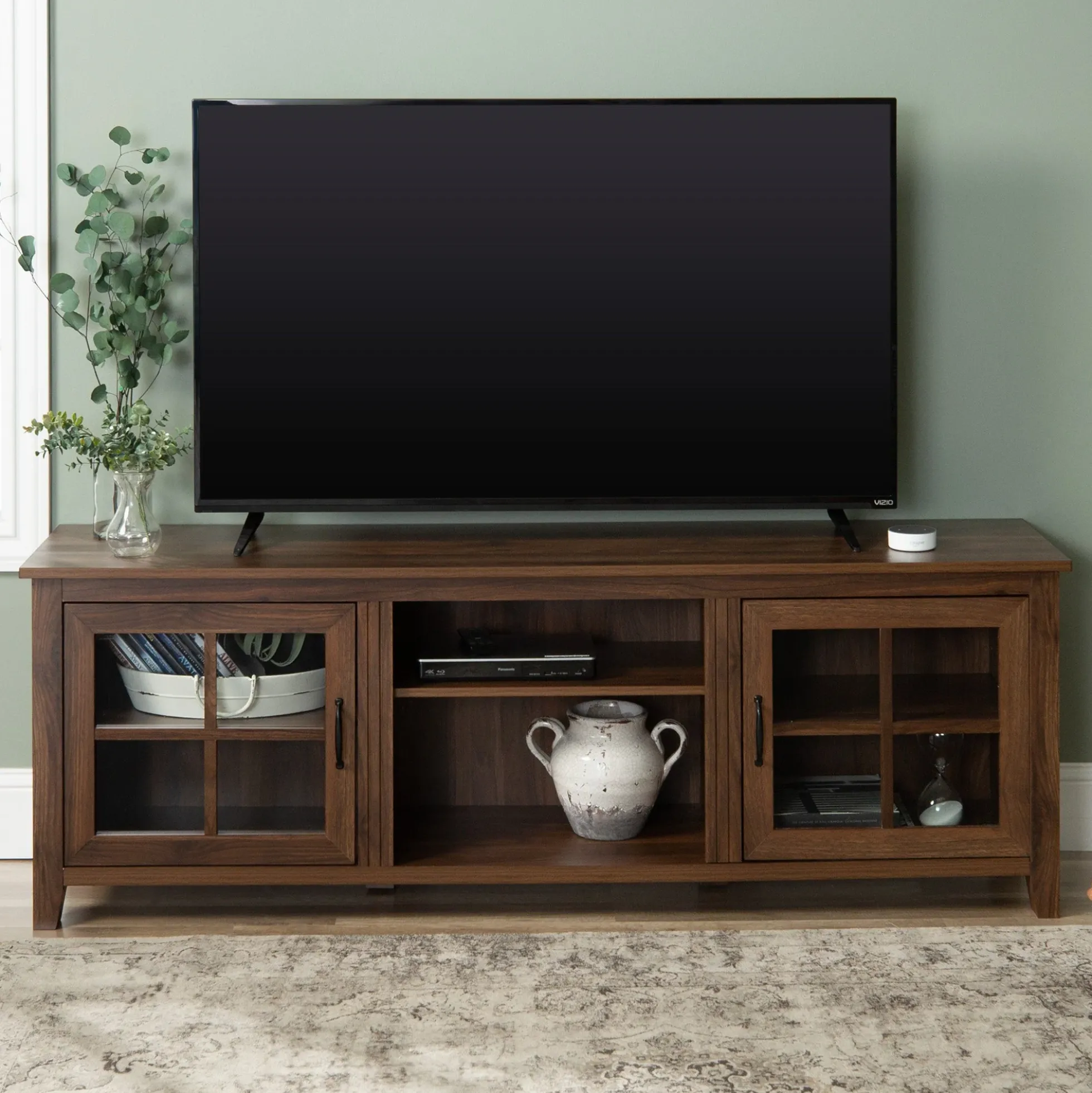 Farmhouse 70" Simple Window Pane 2 Door Wood TV Stand