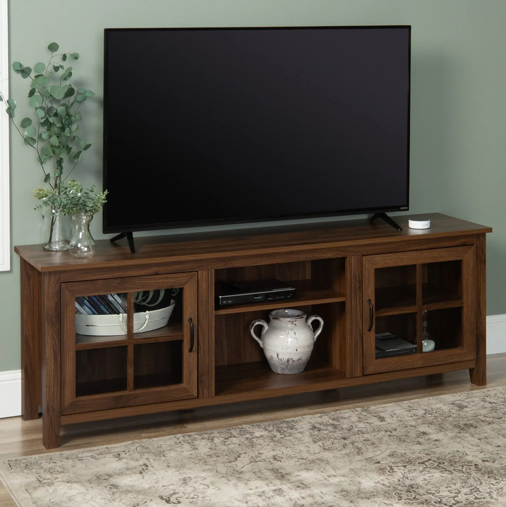 Farmhouse 70" Simple Window Pane 2 Door Wood TV Stand