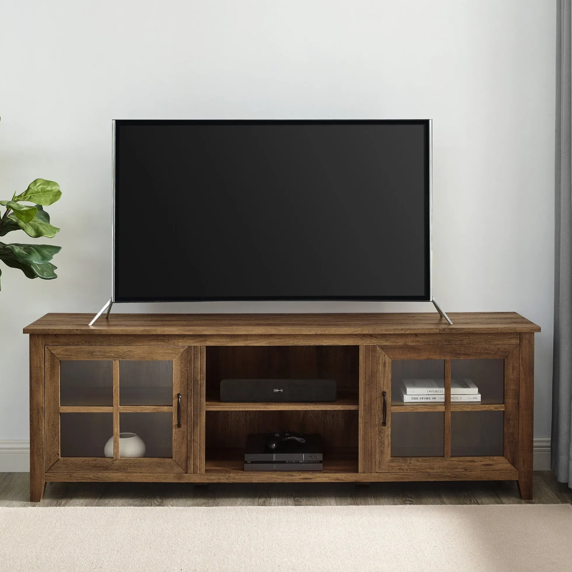 Farmhouse 70" Simple Window Pane 2 Door Wood TV Stand