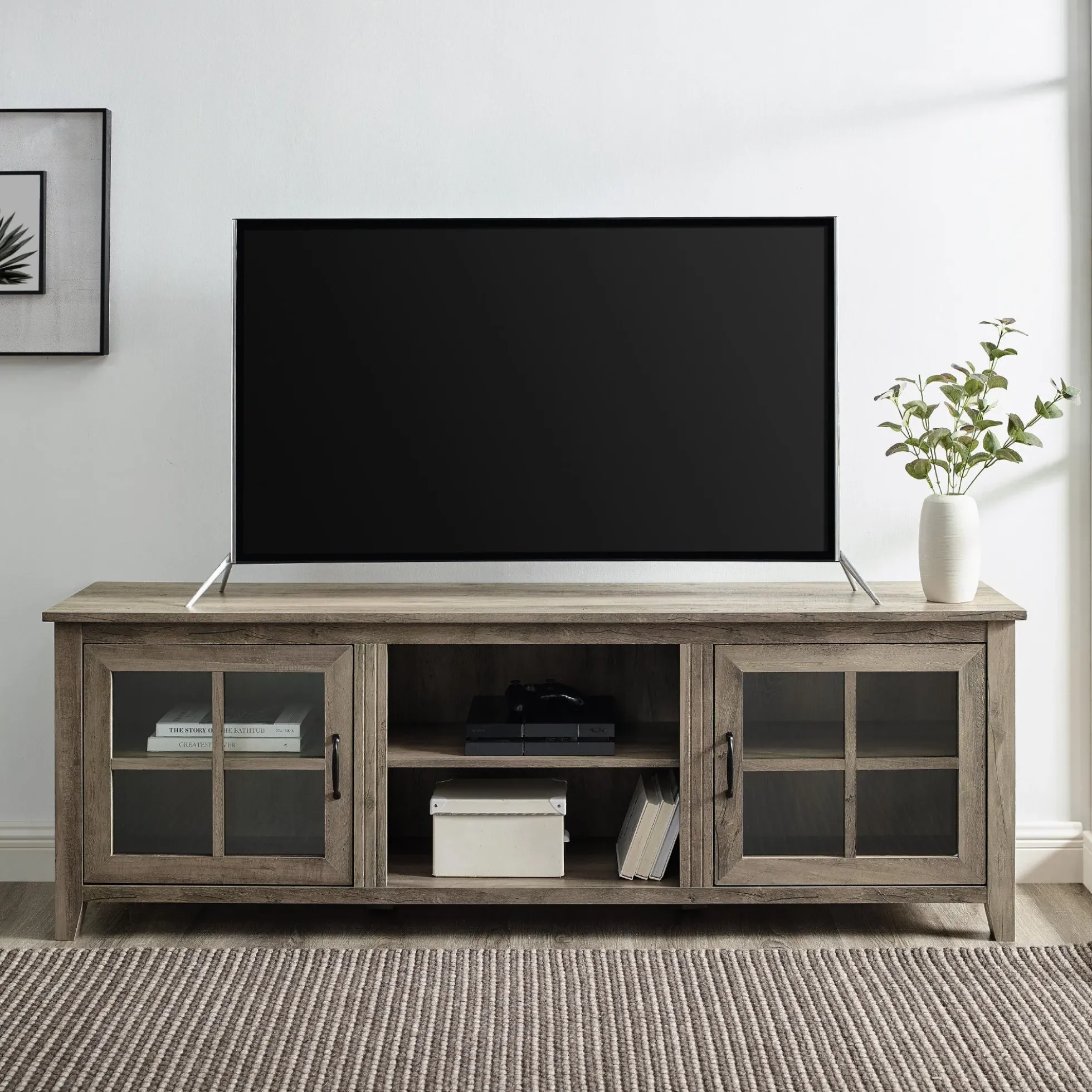 Farmhouse 70" Simple Window Pane 2 Door Wood TV Stand
