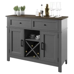 Farmhouse Buffet Sideboard with Wine Shelving and Stemware Storage