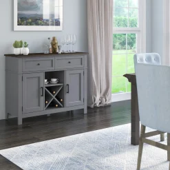 Farmhouse Buffet Sideboard with Wine Shelving and Stemware Storage