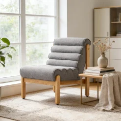 Fluffy Accent Chair Gray with Natural Solid Wood Frame