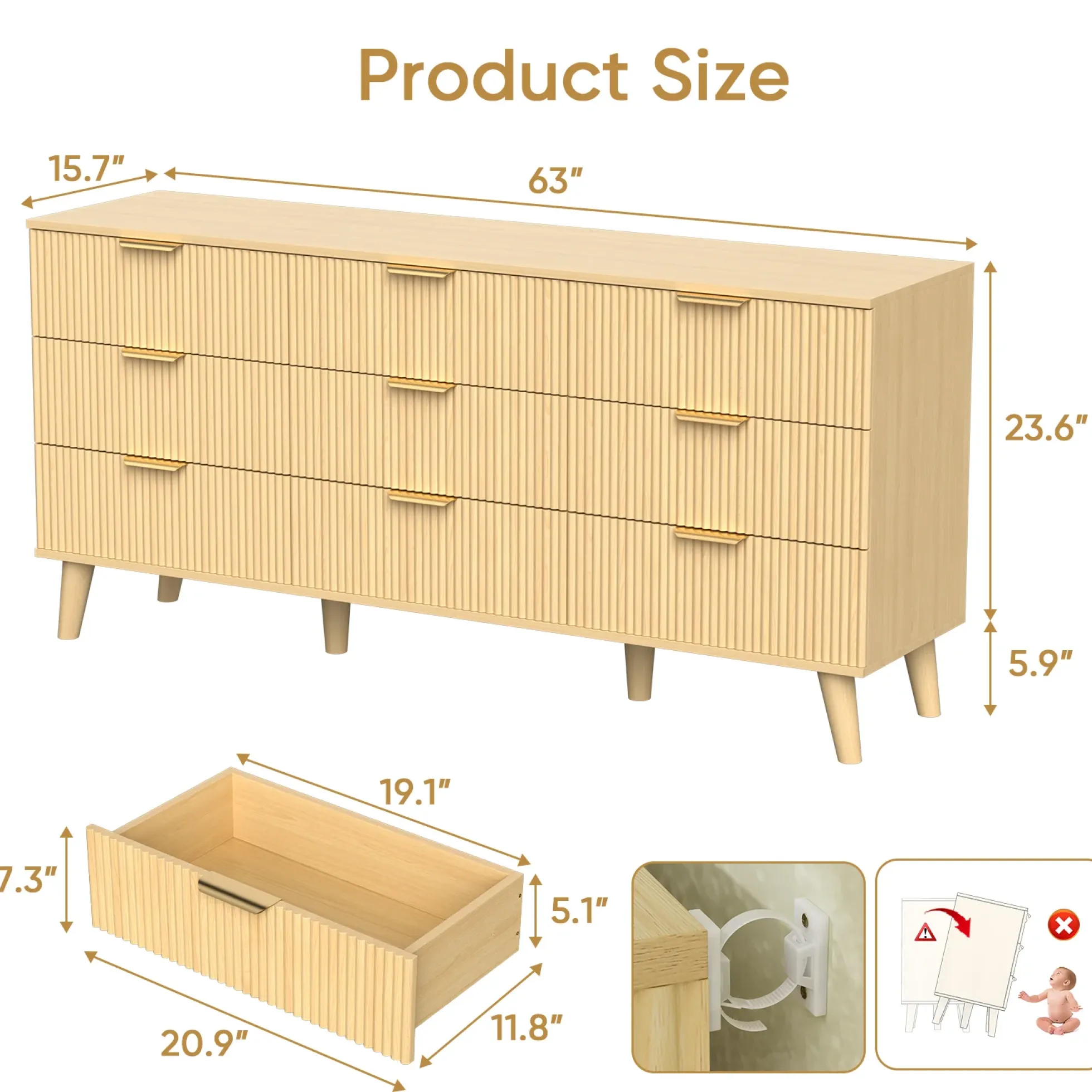 Fluted 9 Drawer 63" Dresser