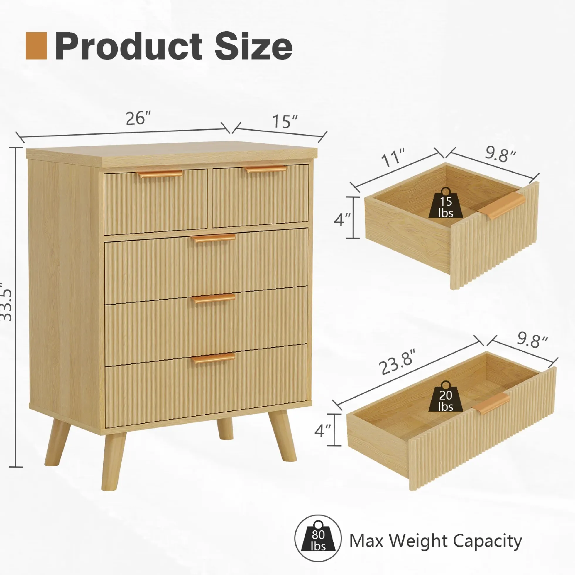 Fluted 5 Drawer 26" Dresser Chest