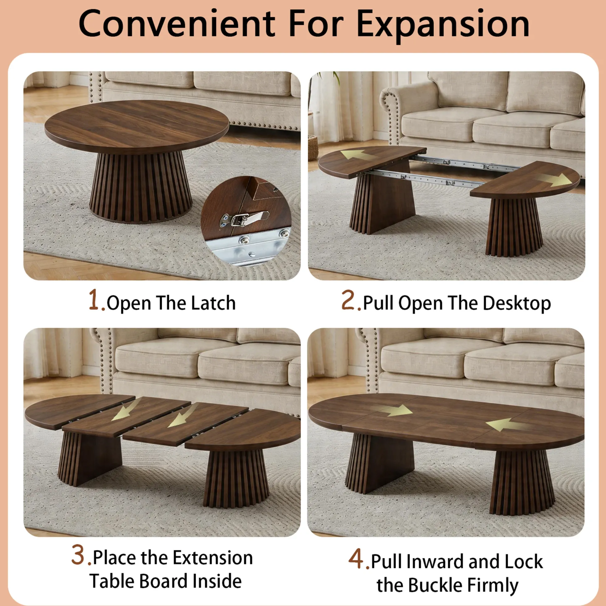 Fluted Design Extendable Wooden Curve Coffee Table