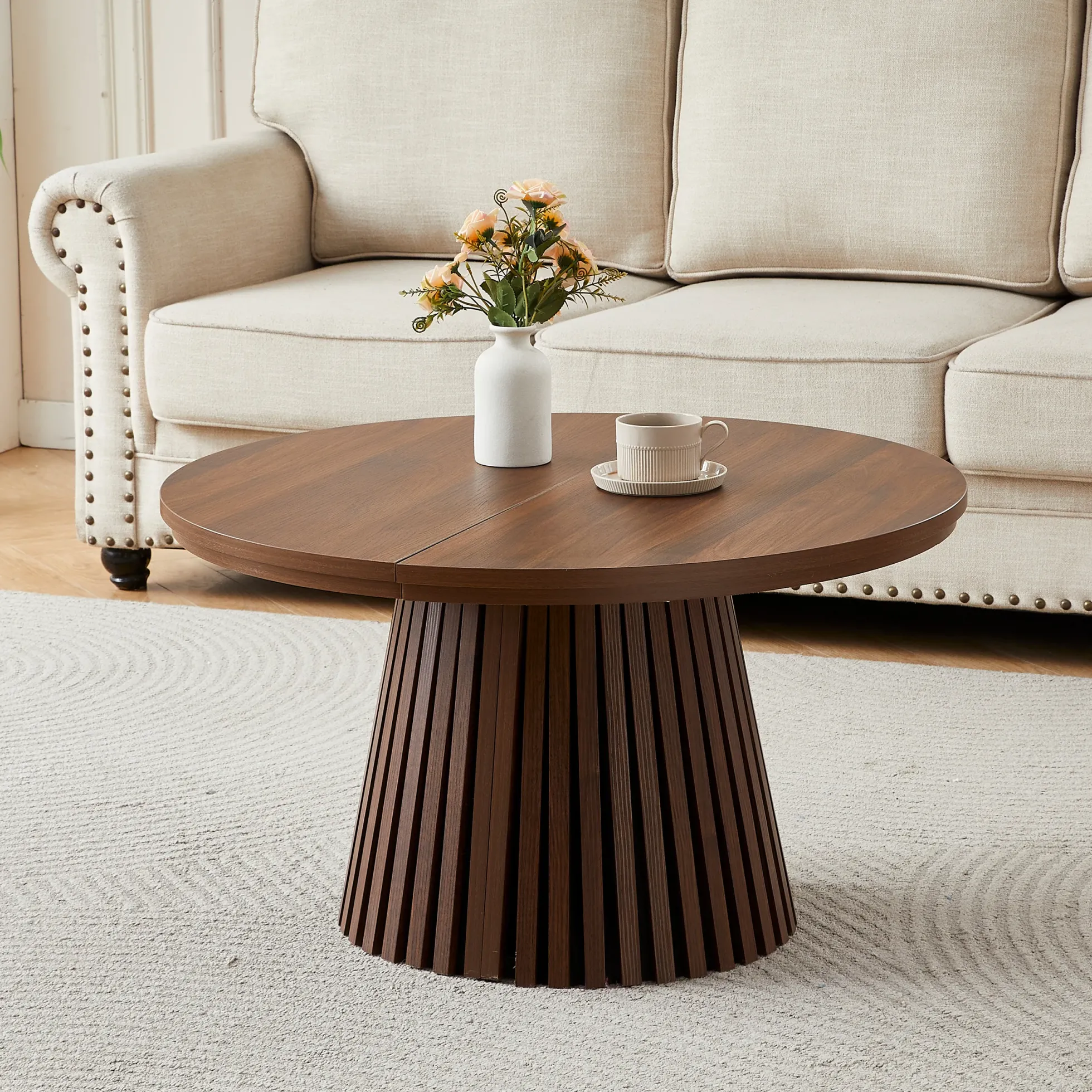 Fluted Design Extendable Wooden Curve Coffee Table
