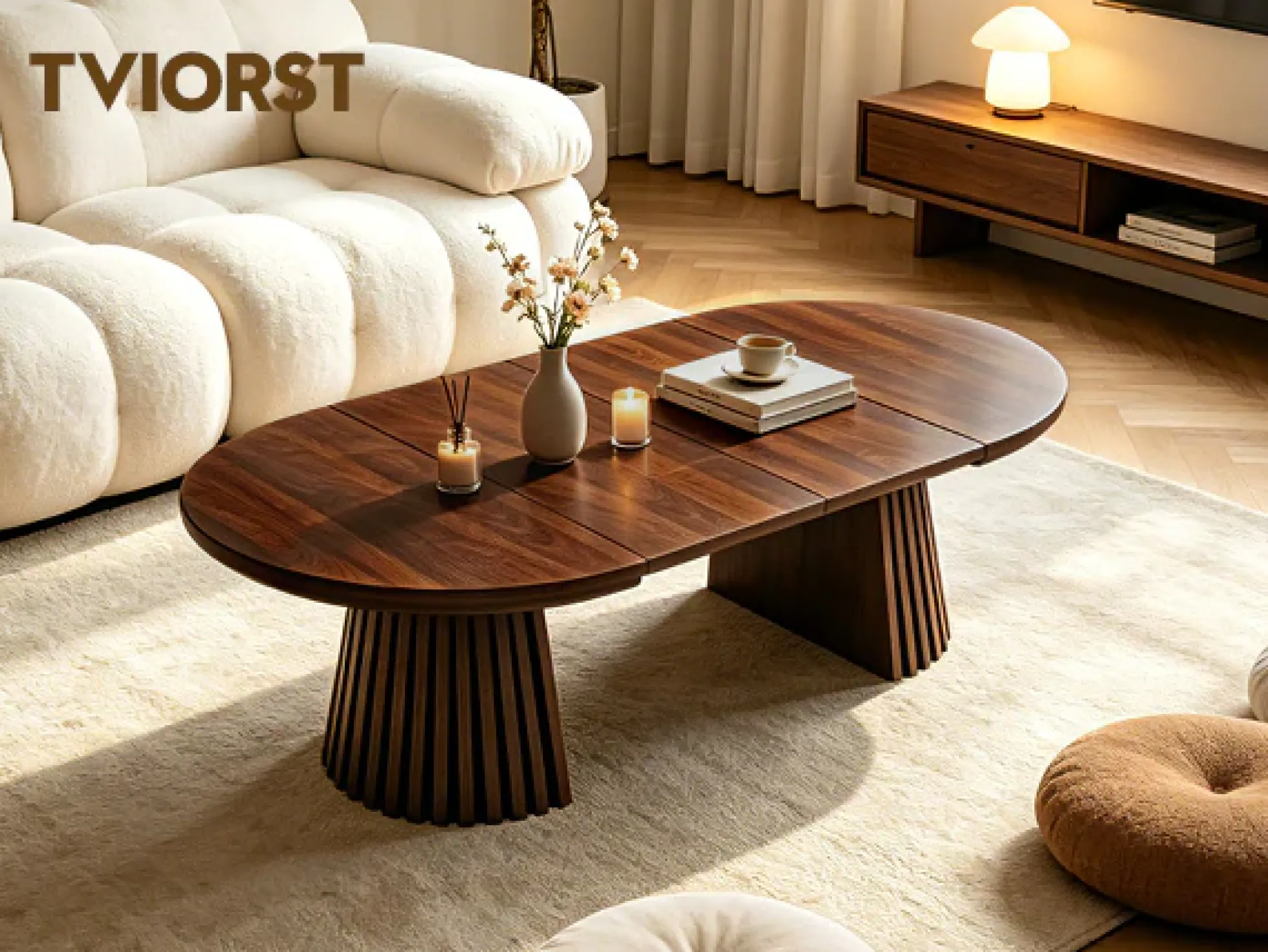 Fluted Design Extendable Wooden Curve Coffee Table