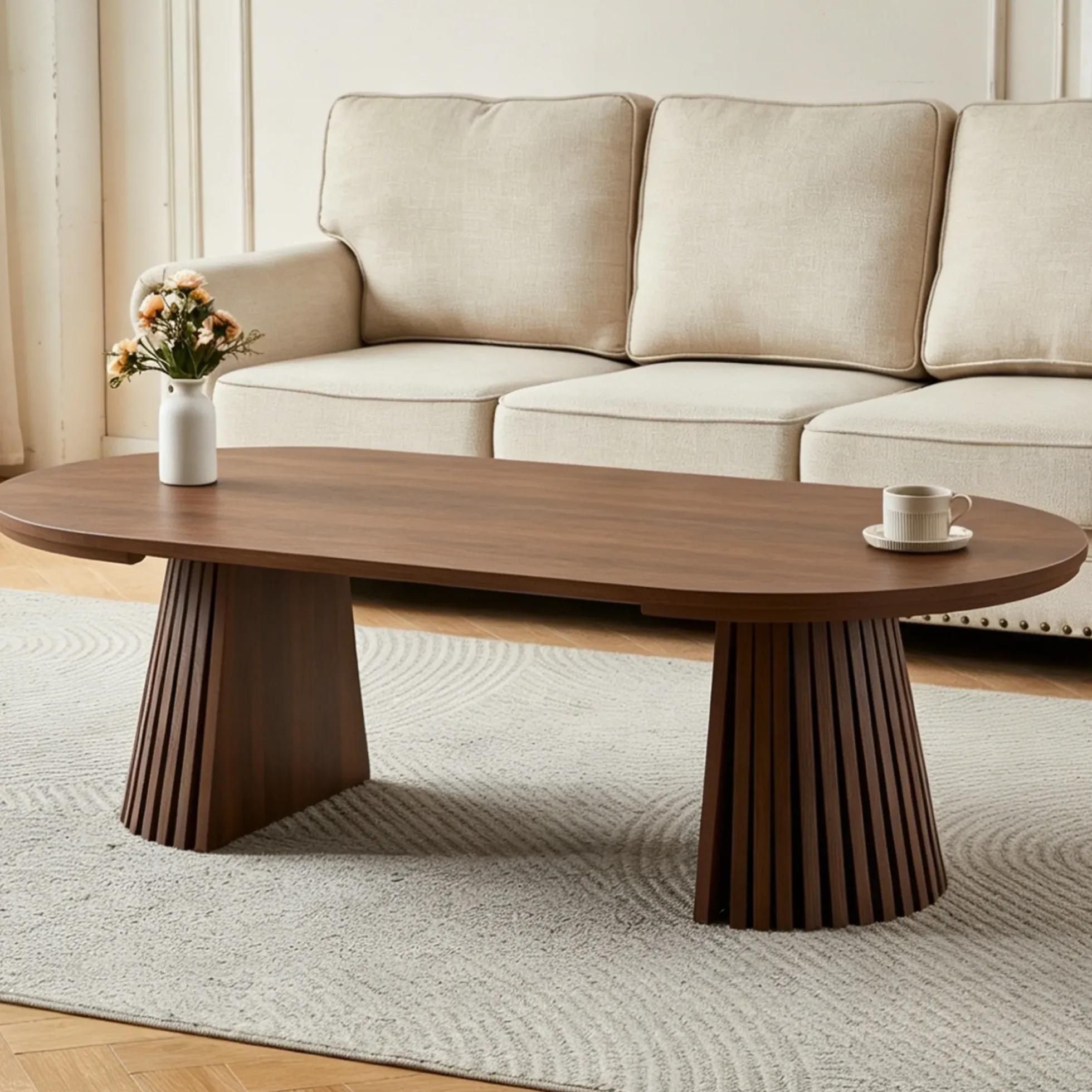 Fluted Design Extendable Wooden Curve Coffee Table