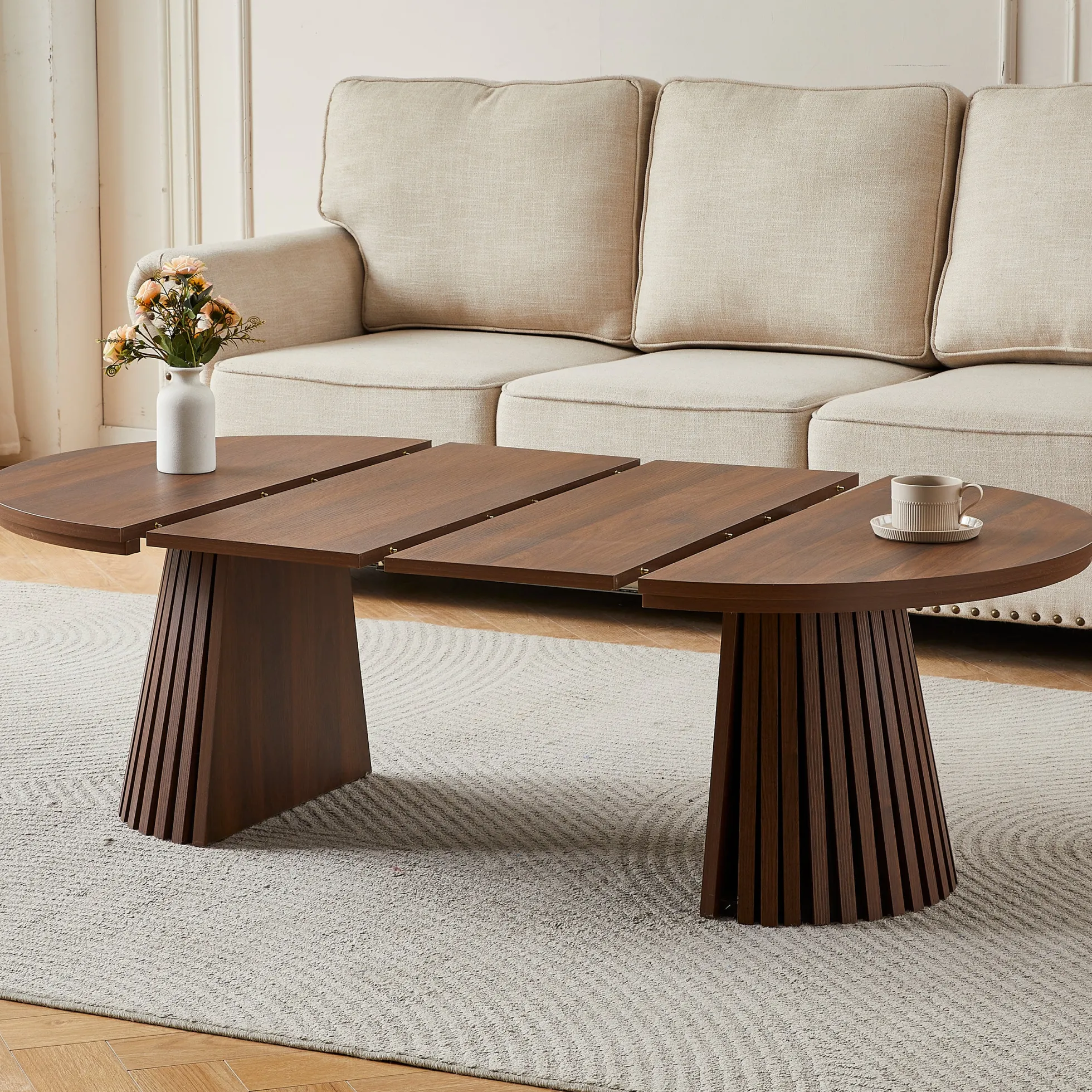 Fluted Design Extendable Wooden Curve Coffee Table