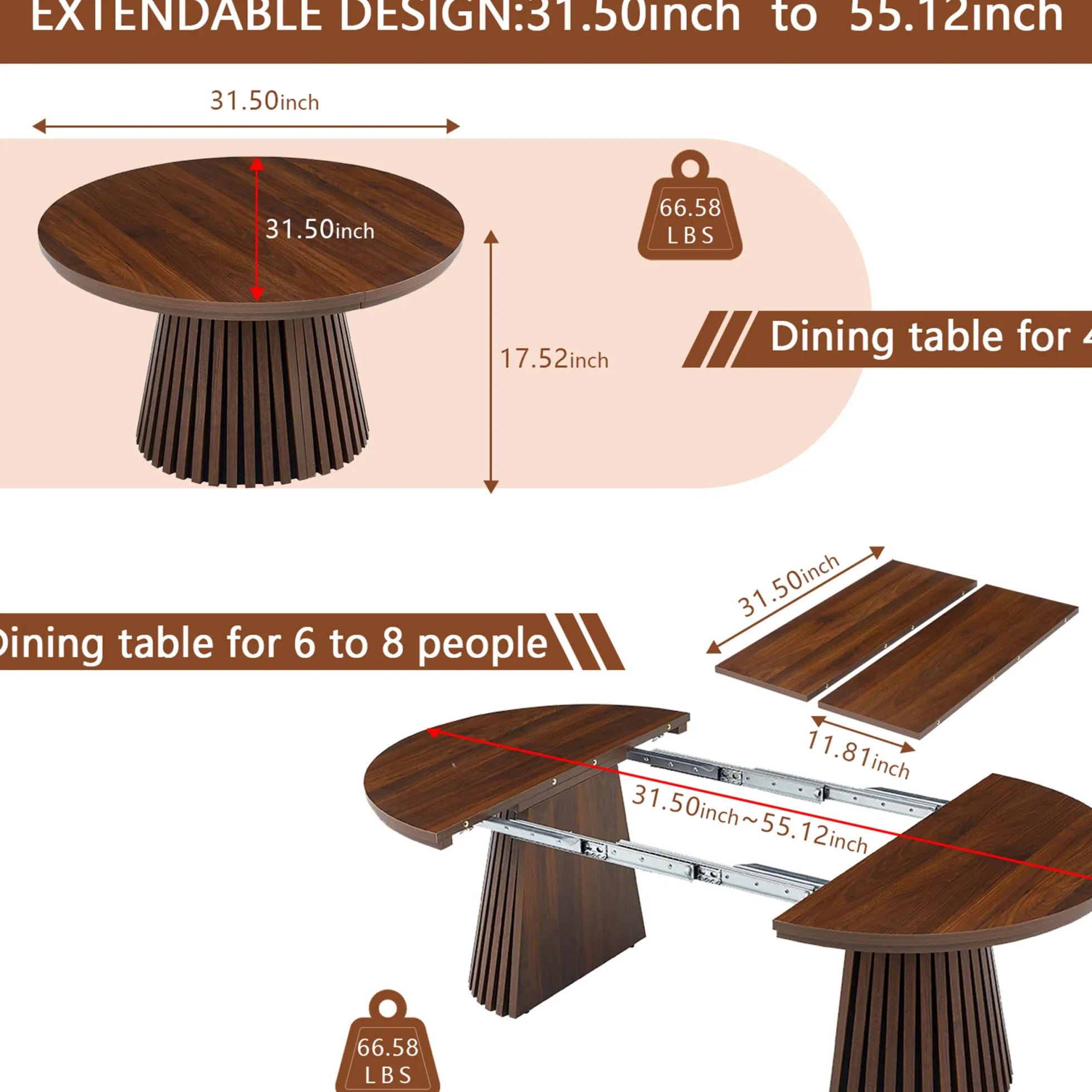 Fluted Design Extendable Wooden Curve Coffee Table