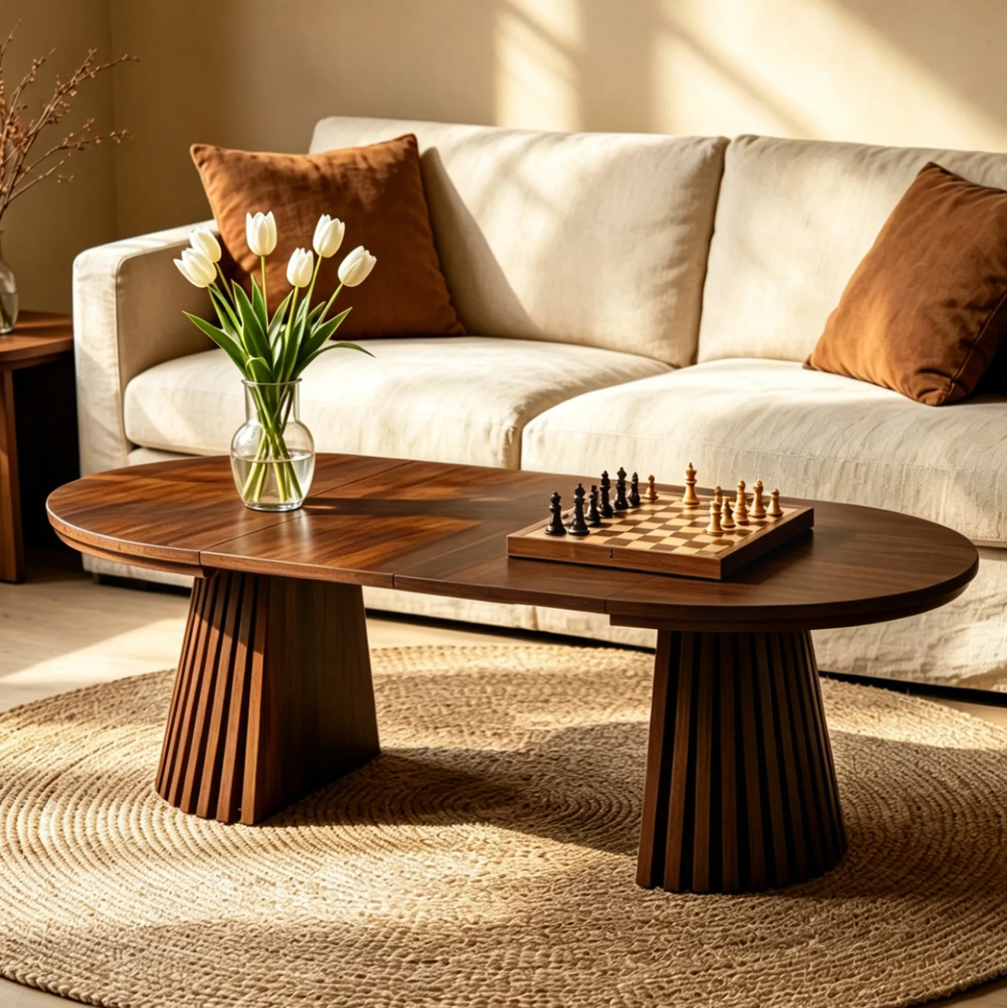Fluted Design Extendable Wooden Curve Coffee Table