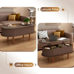 Fluted Modern Oval Lift Top Coffee Table with Hidden Compartment