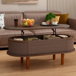 Fluted Modern Oval Lift Top Coffee Table with Hidden Compartment