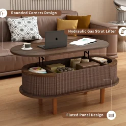 Fluted Modern Oval Lift Top Coffee Table with Hidden Compartment