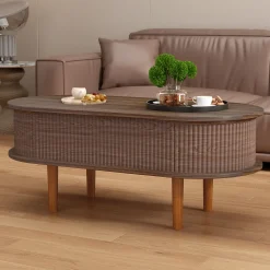 Fluted Modern Oval Lift Top Coffee Table with Hidden Compartment