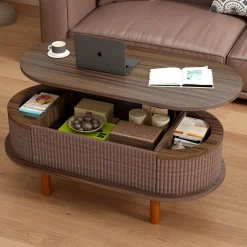 Fluted Modern Oval Lift Top Coffee Table with Hidden Compartment