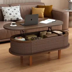 Fluted Modern Oval Lift Top Coffee Table with Hidden Compartment