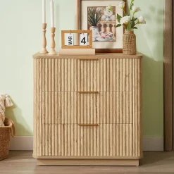 Fluted Wide Modern 3 Drawers Nightstand & Side Table Set of 2
