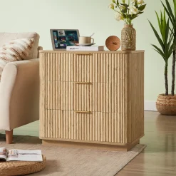 Fluted Wide Modern 3 Drawers Nightstand & Side Table Set of 2