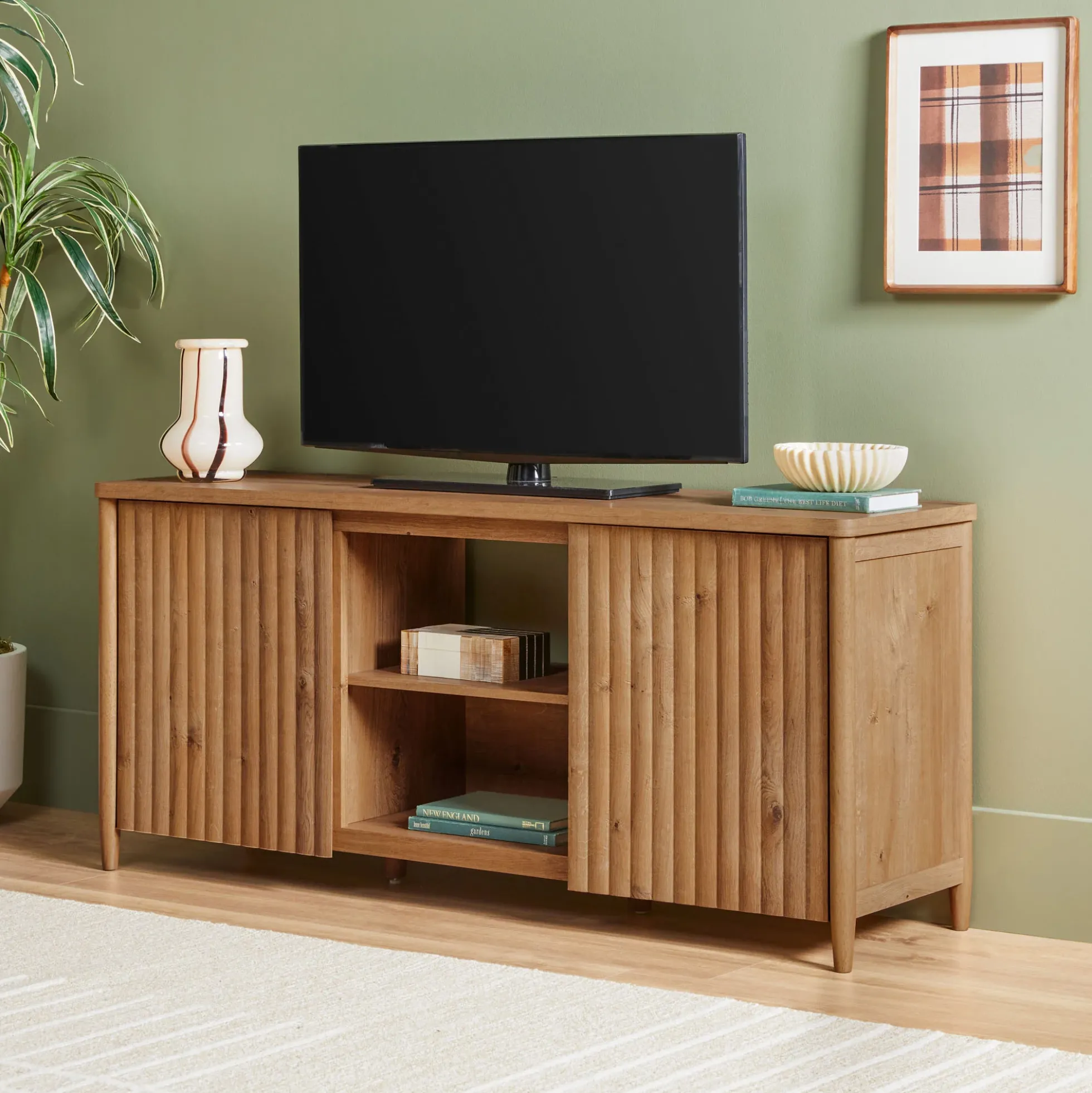 Flynn Scandinavian Reeded TV Stand with Storage