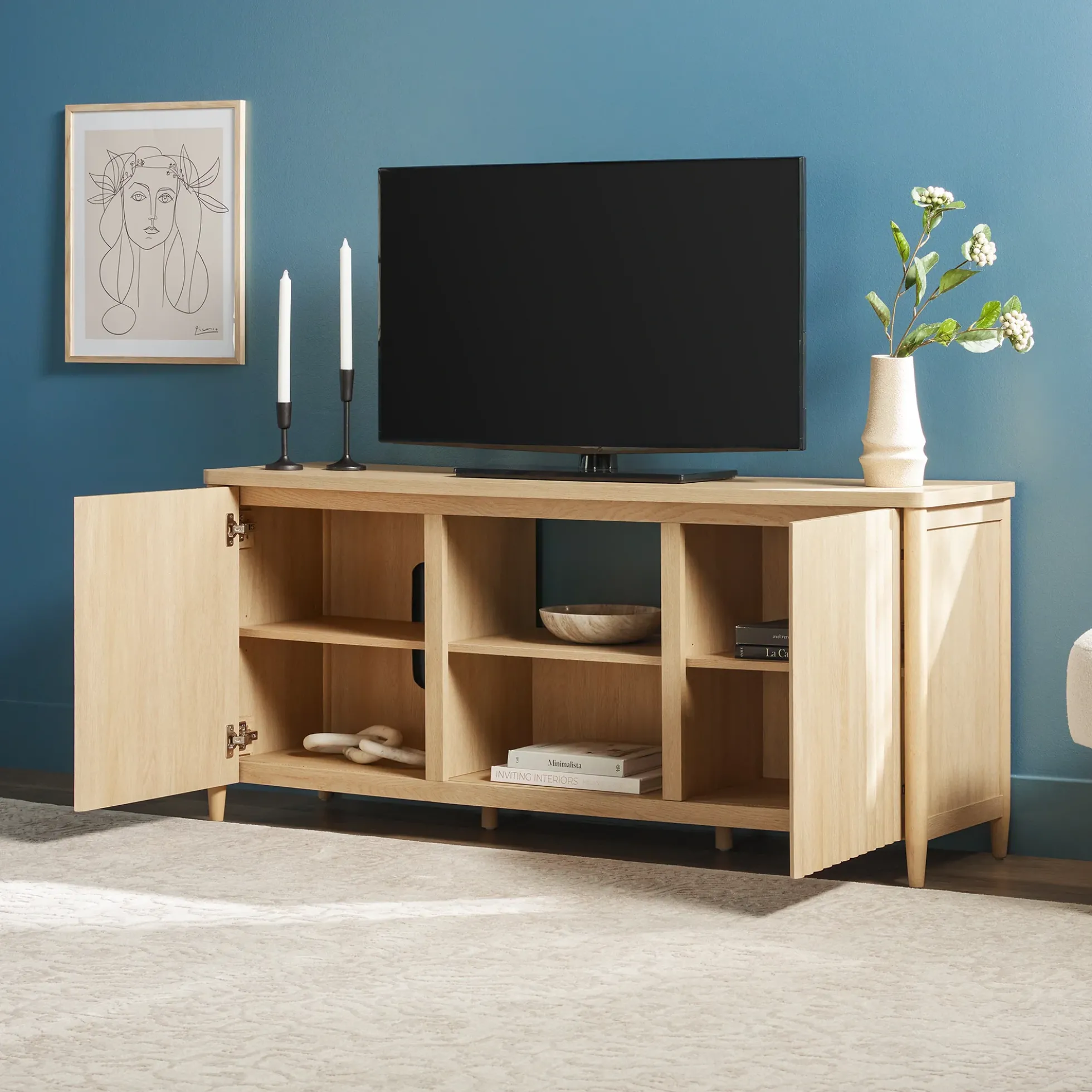Flynn Scandinavian Reeded TV Stand with Storage