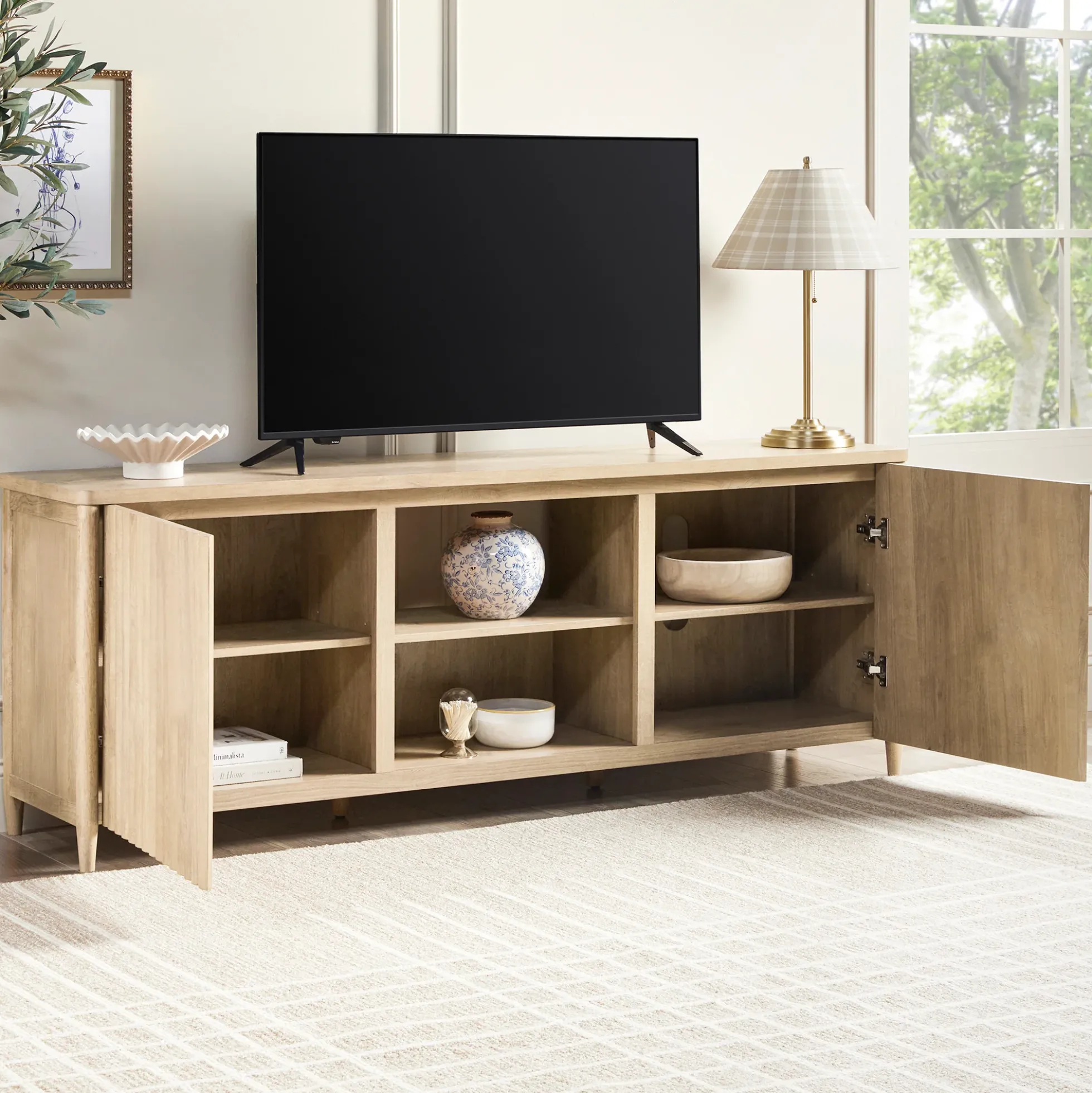 Flynn Scandinavian Reeded TV Stand with Storage
