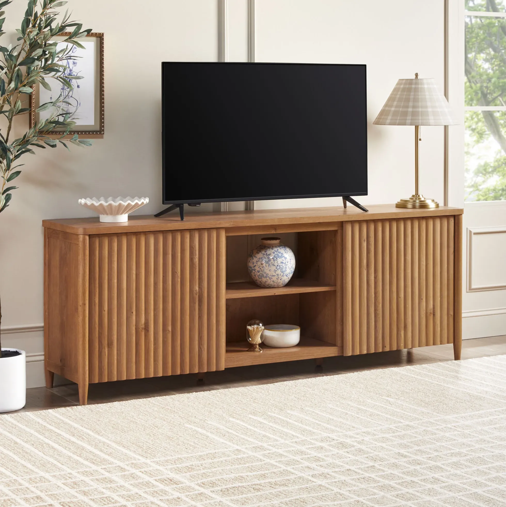 Flynn Scandinavian Reeded TV Stand with Storage