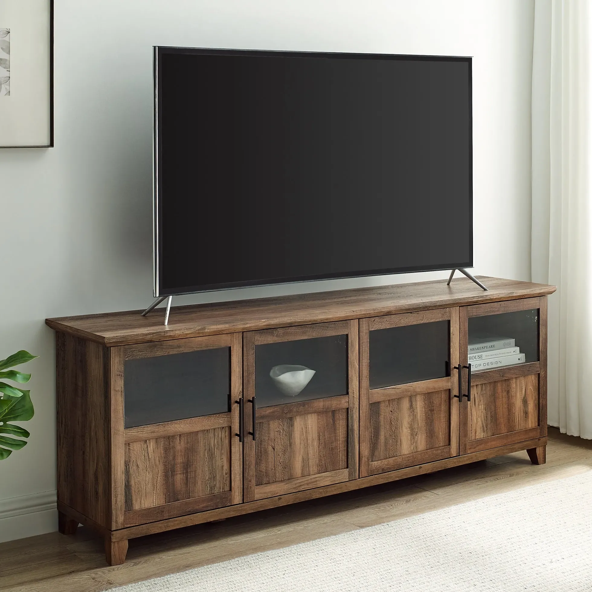 Goodwin 70" TV Stand with Glass and Wood 4 Panel Doors