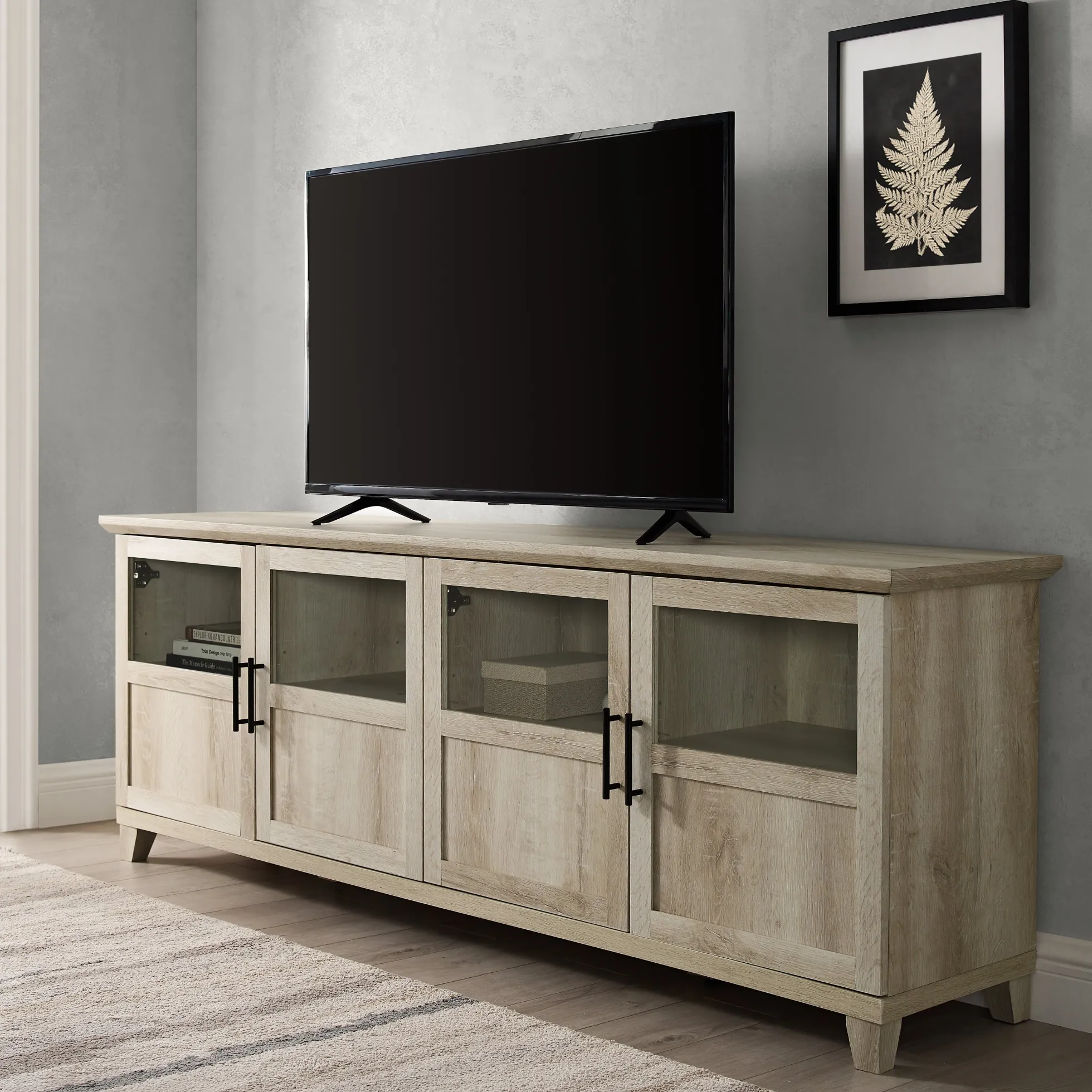 Goodwin 70" TV Stand with Glass and Wood 4 Panel Doors