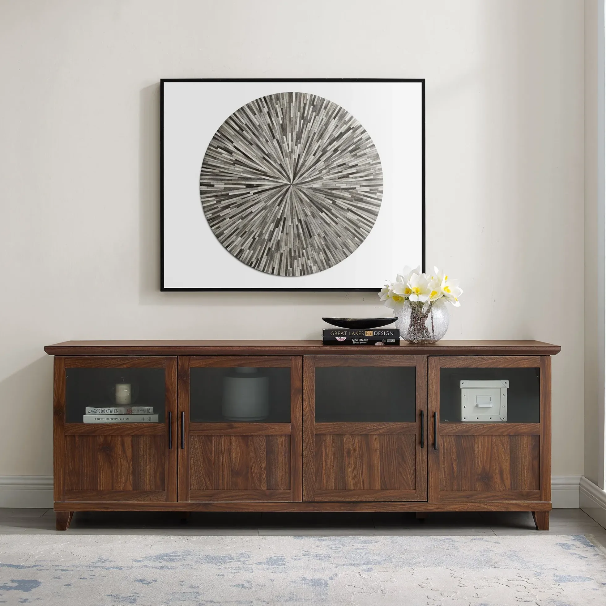 Goodwin 70" TV Stand with Glass and Wood 4 Panel Doors