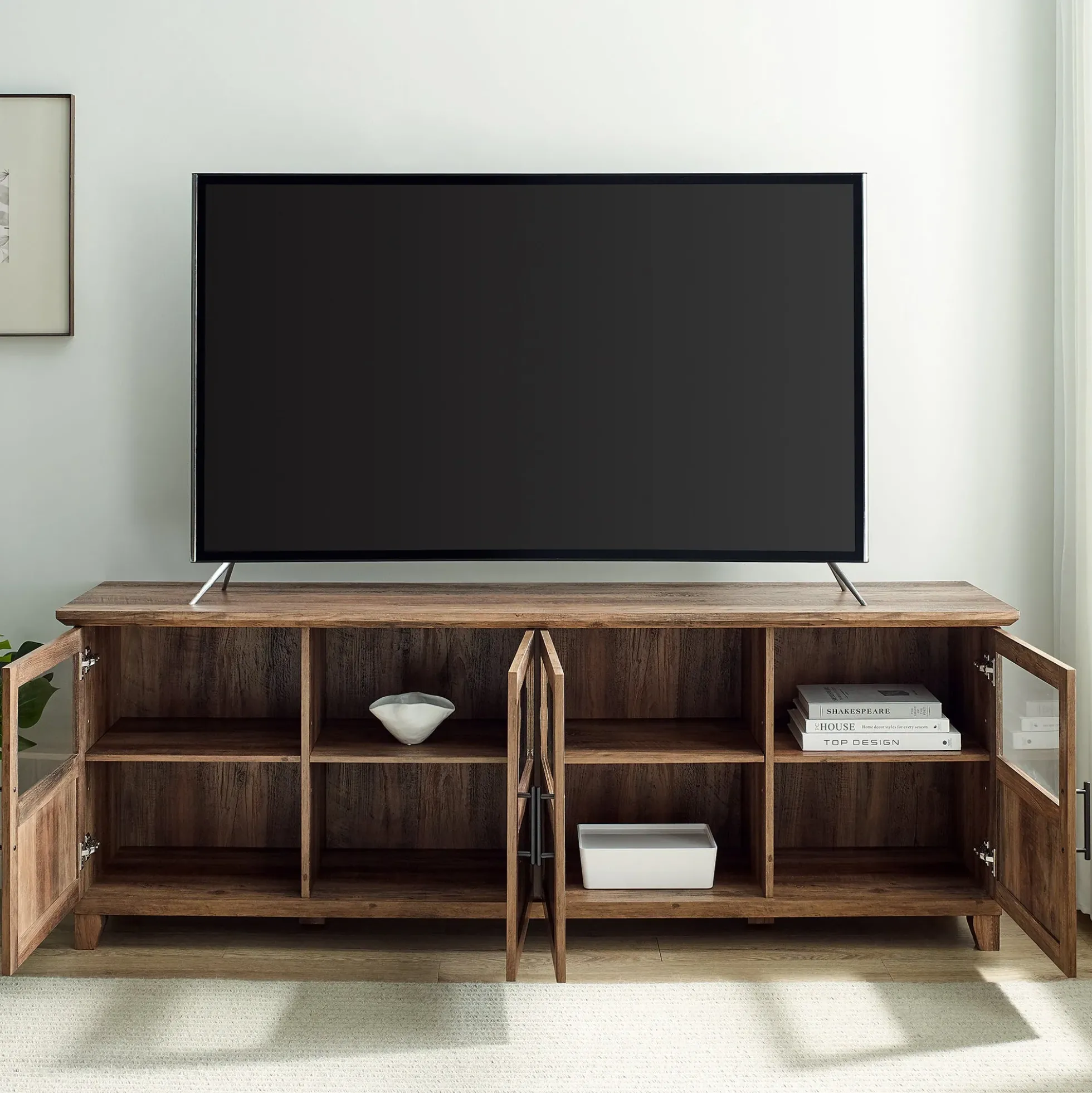 Goodwin 70" TV Stand with Glass and Wood 4 Panel Doors