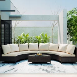 Half-Moon 5 Piece All-Weather Outdoor Patio Wicker Sofa Sectional Set with Table