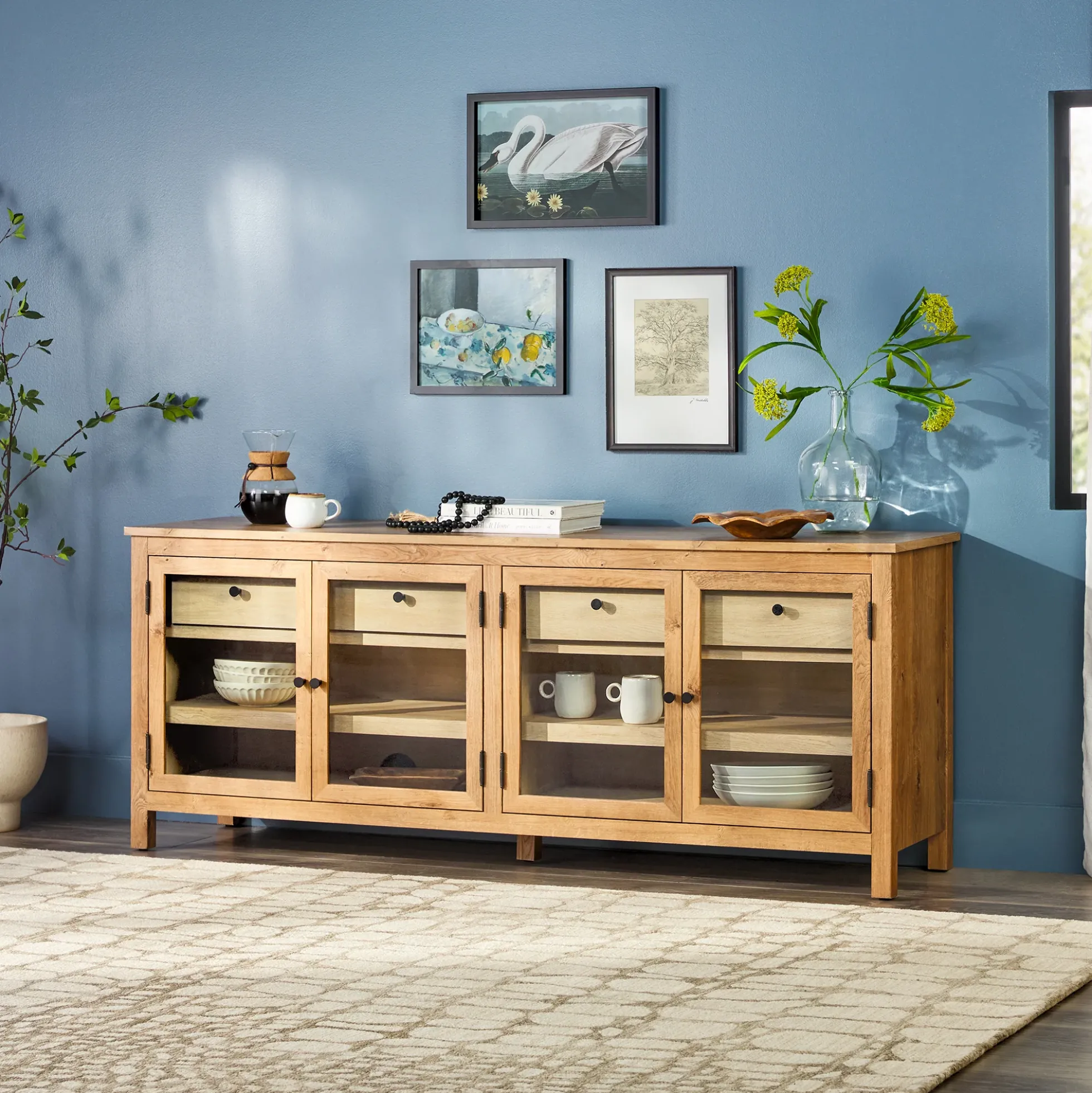 Harlow Modern Easy Assembly Glass Door 70” Sideboard TV Stand