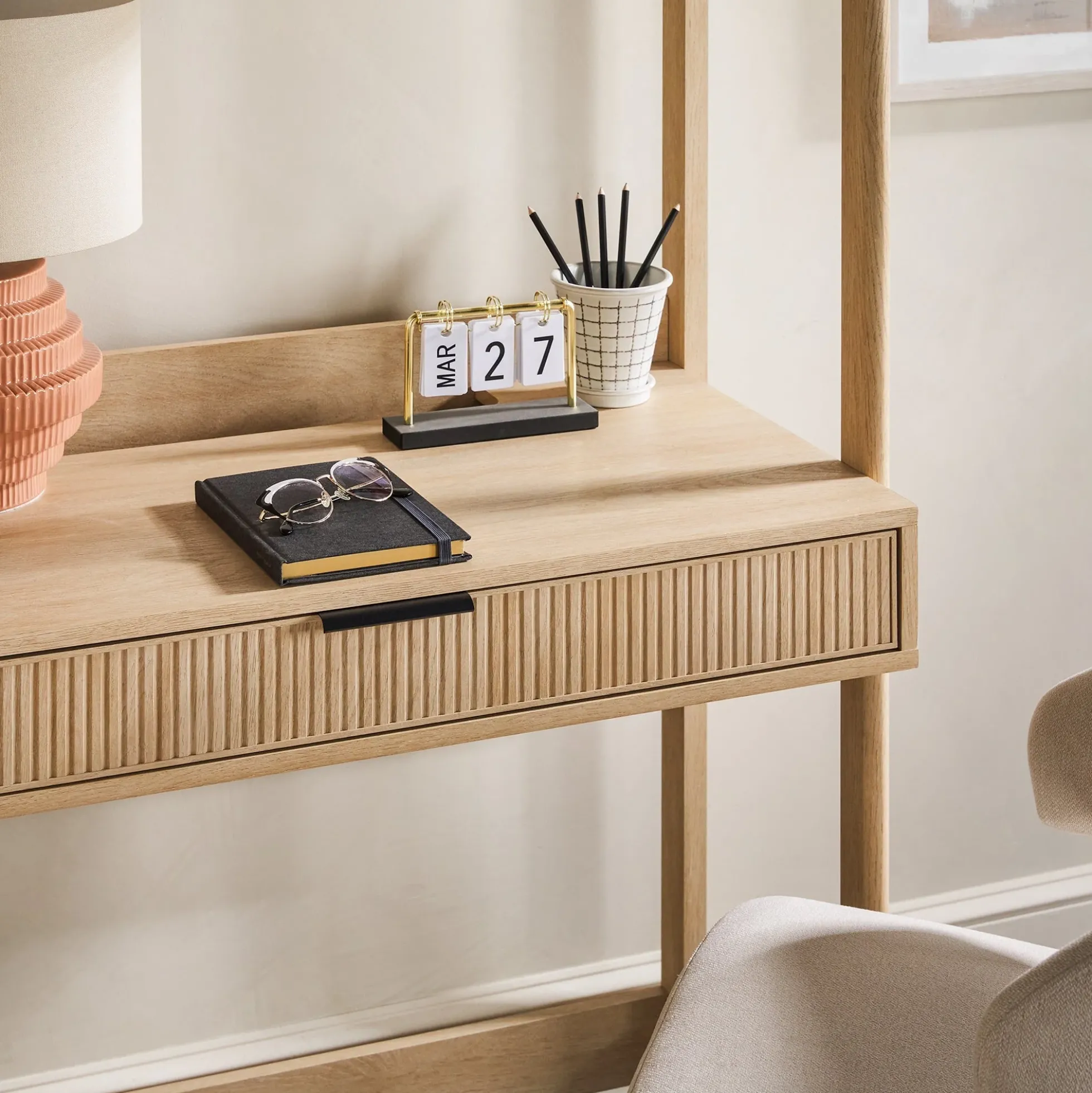 Holmes Modern Scandinavian Reeded Writing Storage Desk with USB