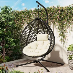 Indoor/Outdoor Rattan Hanging Egg Hammock Chair with Stand & Cushion