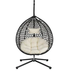 Indoor/Outdoor Rattan Hanging Egg Hammock Chair with Stand & Cushion