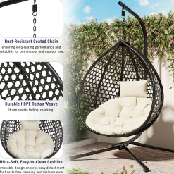 Indoor/Outdoor Rattan Hanging Egg Hammock Chair with Stand & Cushion