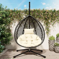 Indoor/Outdoor Rattan Hanging Egg Hammock Chair with Stand & Cushion