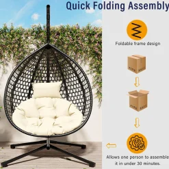 Indoor/Outdoor Rattan Hanging Egg Hammock Chair with Stand & Cushion