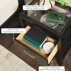 Isla Modern Easy Assembly Solid Wood 2-Drawer Nightstand Side Table with Glass Top